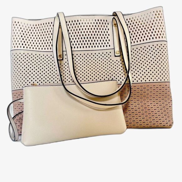 Mellow World Laser Cut  Neutral Colorblock Cream Tan Large Tote Bag Purse Set - Picture 1 of 13